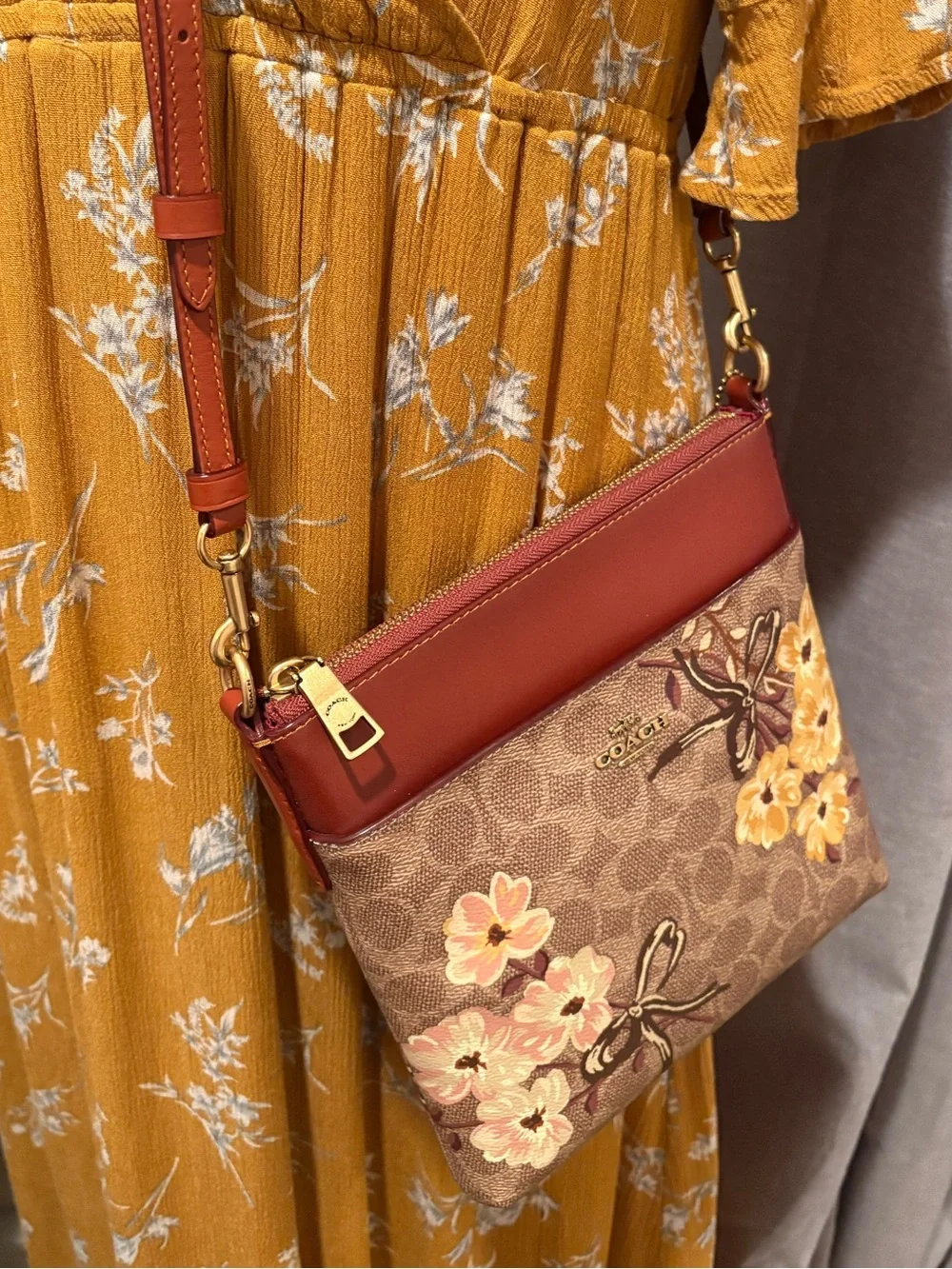 Coach Kitt Crossbody in Prairie Floral Print Coated Canvas and Brown Leather